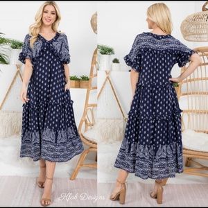 New! Sale Navy Paisley Border Midi Dress Lined Wi… - image 1